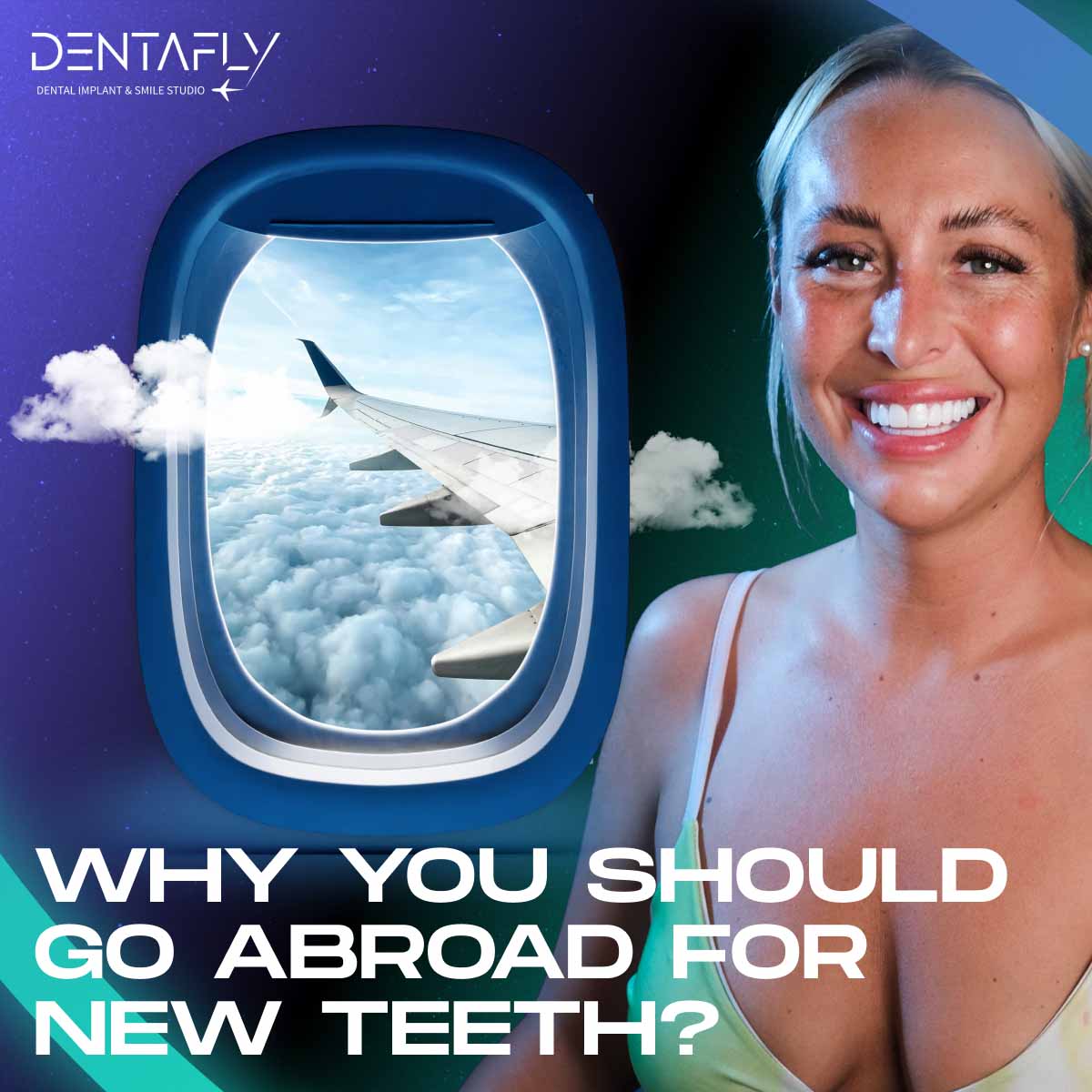 Dentafly logo and a patient who done her teeth in Turkey with Dentafly