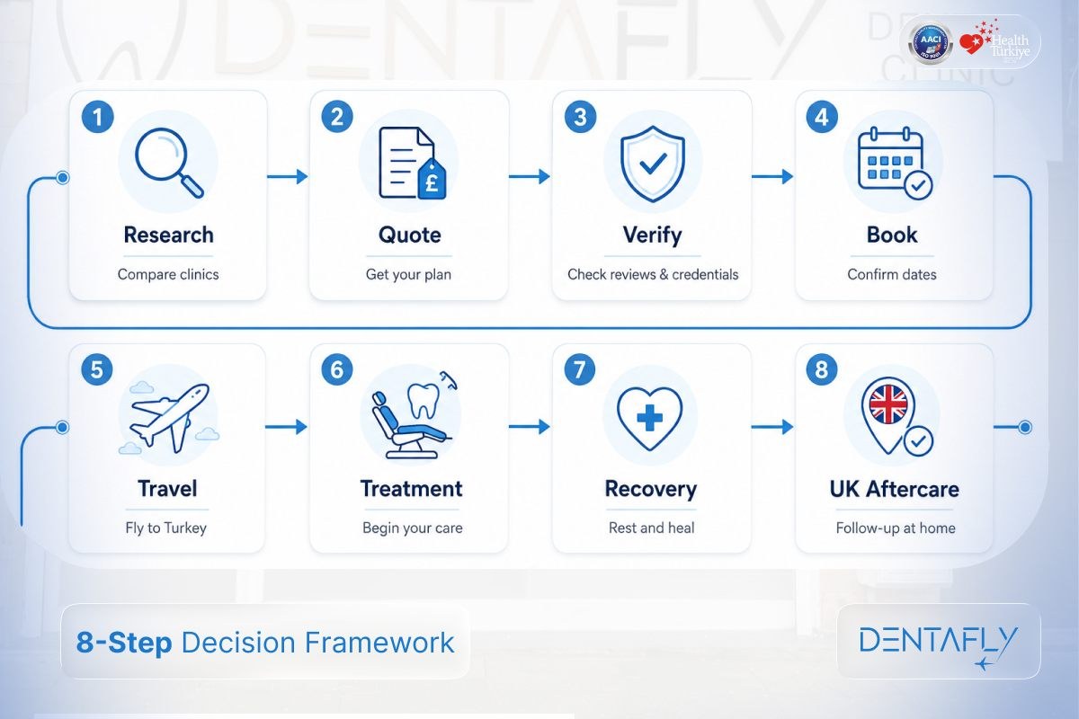 8-step dental tourism process flowchart UK patient journey from consultation to UK aftercare Dentafly treatment timeline