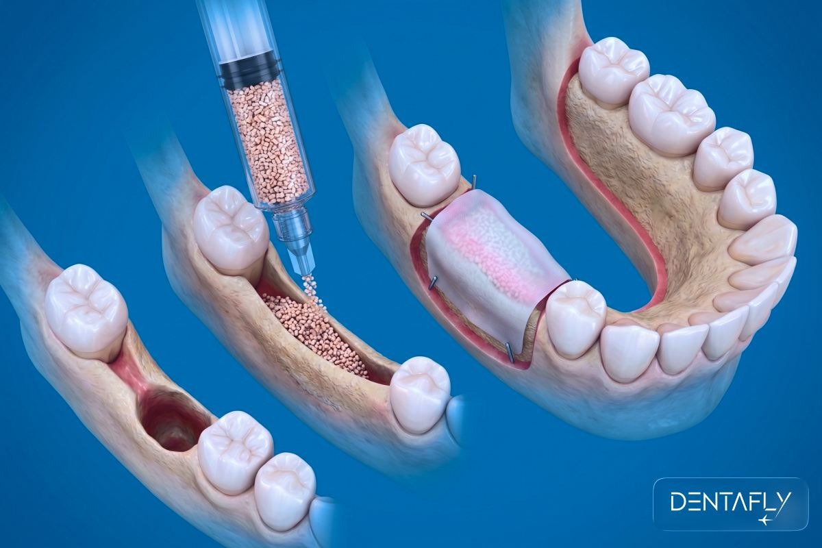 Premium Geistlich Bio-Oss bone graft material placement with collagen membrane in lower jaw