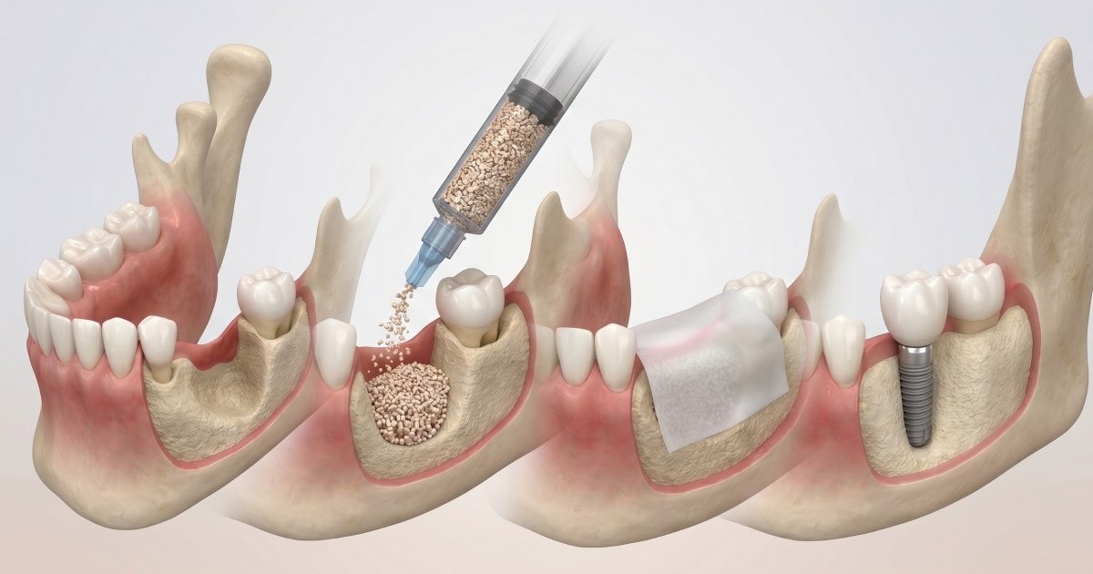 Three-stage bone grafting illustration showing granular graft, healing membrane, and final dental implant placement