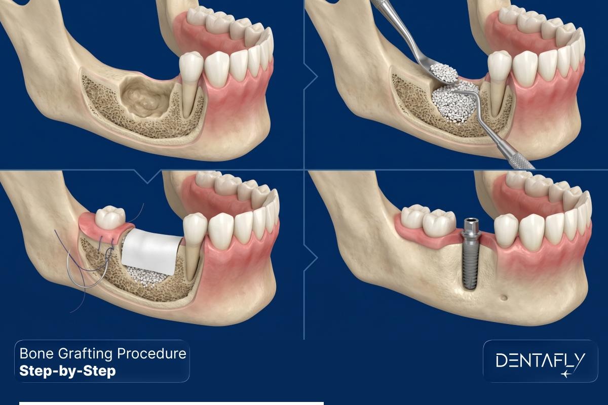 Step-by-step bone grafting procedure: bone defect assessment, graft material placement, membrane coverage, and final dental implant