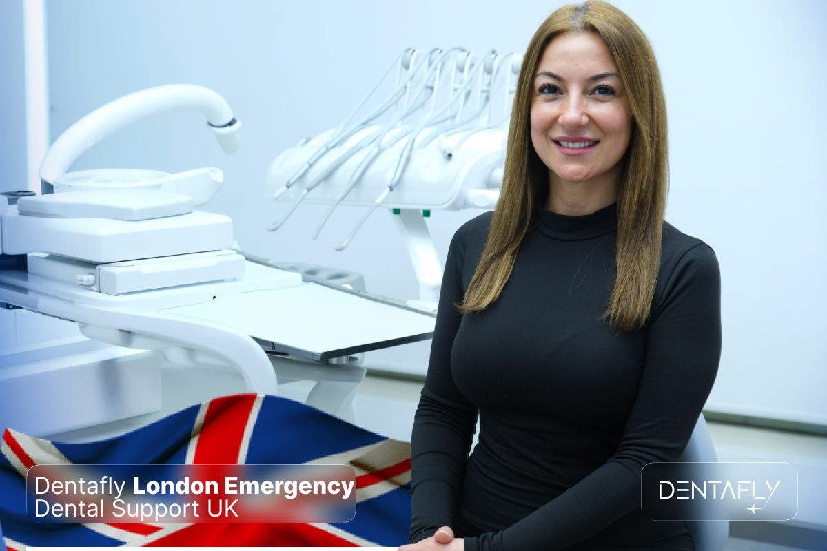 London Emergency Dental Support UK Dentafly London Emergency Dental Support UK with British flag for same-day appointments