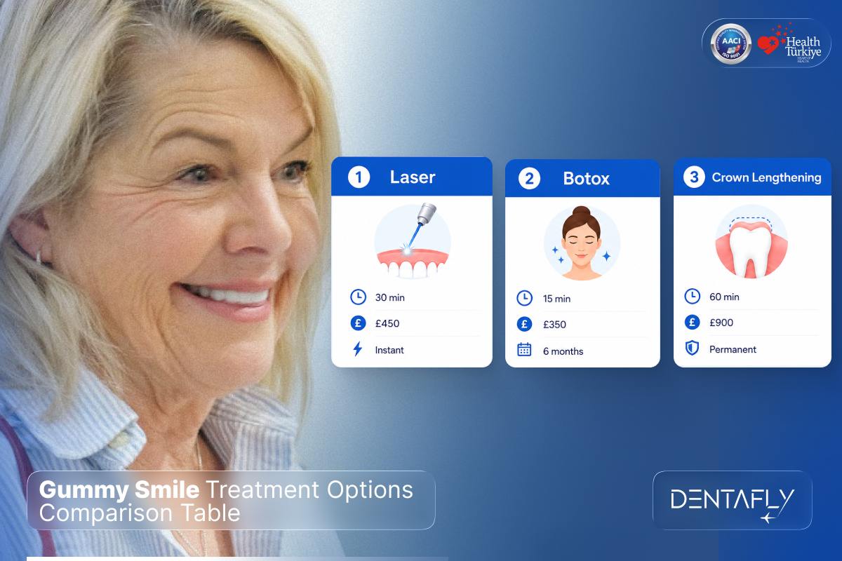 Gummy smile correction Turkey treatment options comparison laser crown lengthening price duration permanence Dentafly Antalya