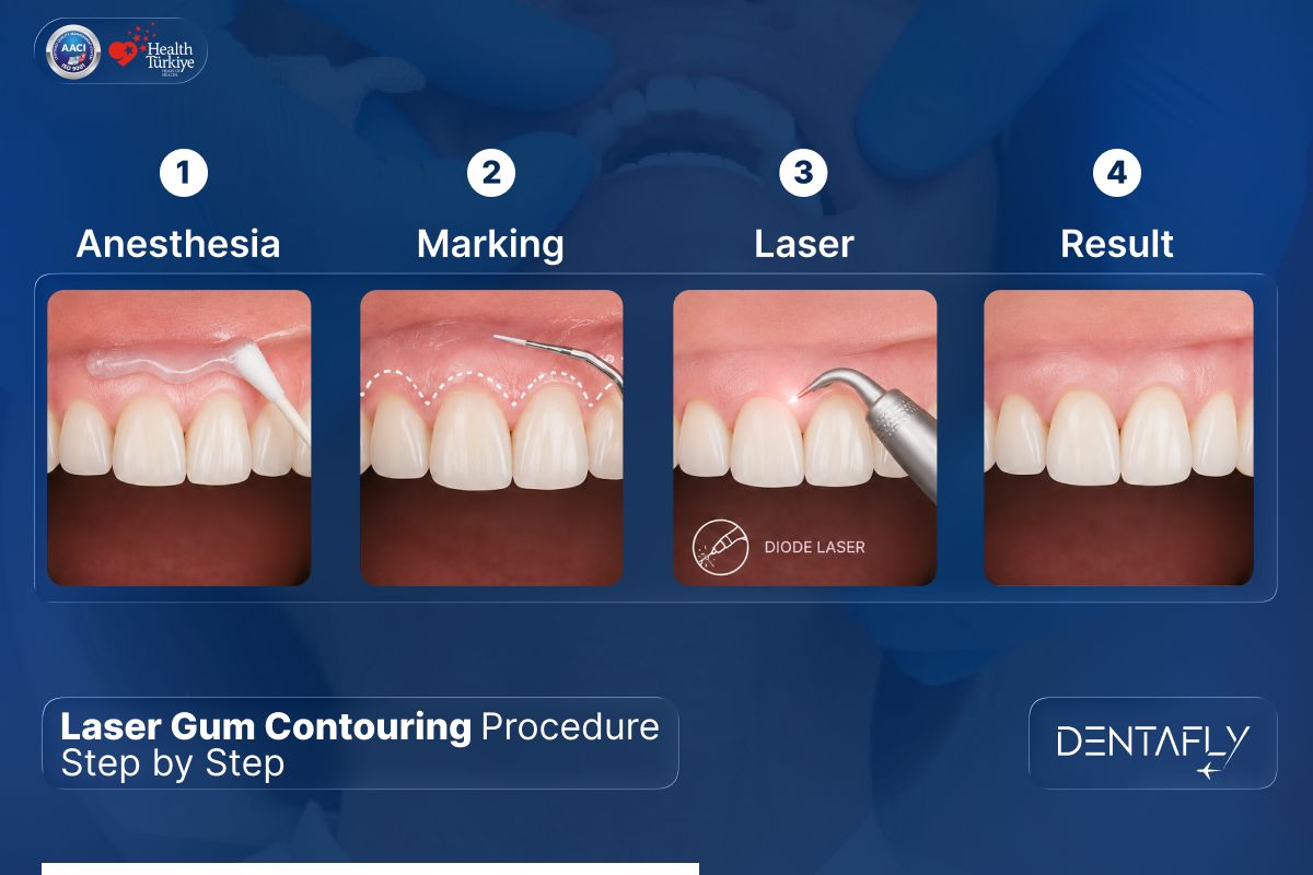 Laser gum contouring procedure step by step anesthesia marking diode laser result excessive gingival display correction Dentafly Antalya periodontology
