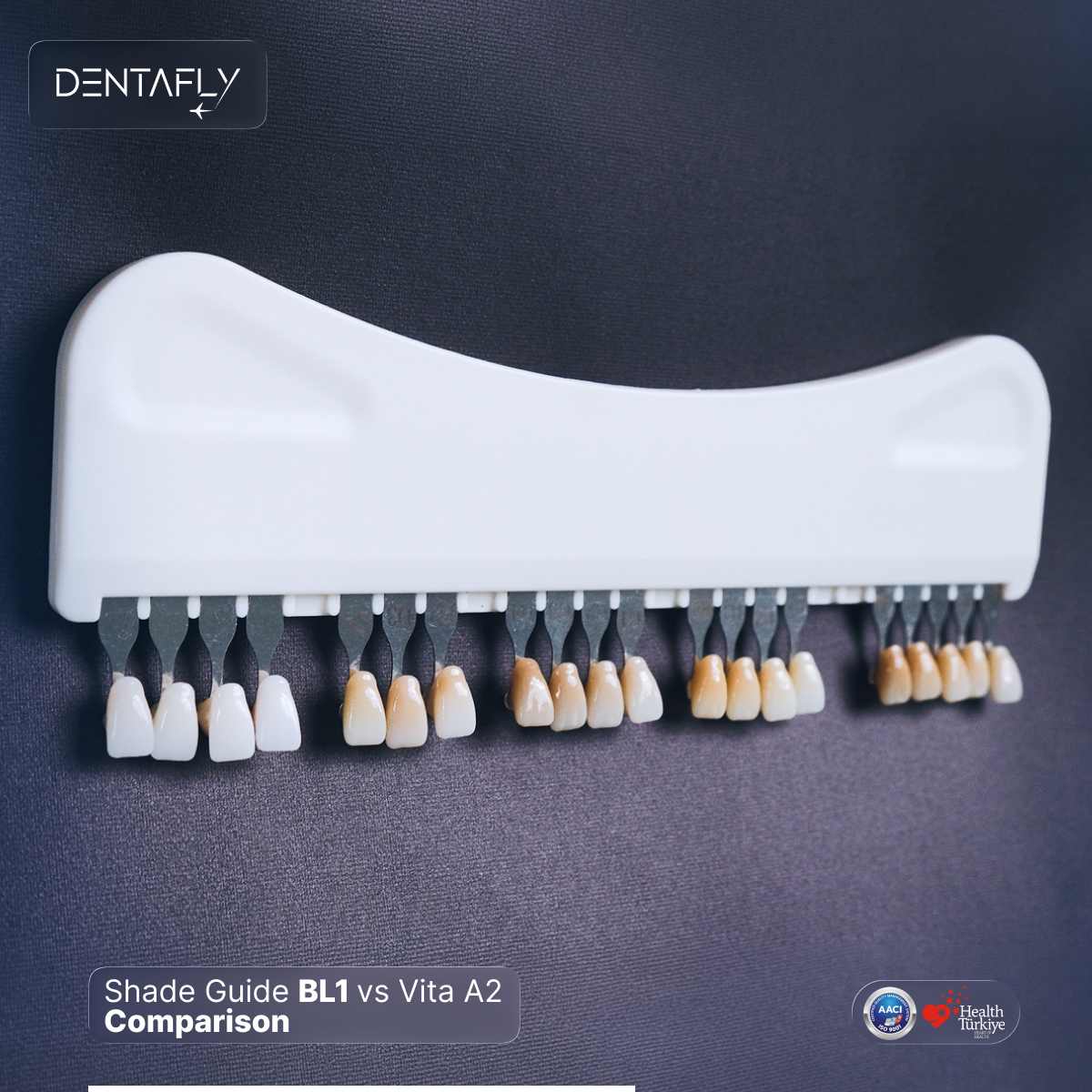 VITA shade guide BL1 versus A2 physical sample teeth color selection dental laboratory cosmetic dentistry Dentafly Antalya