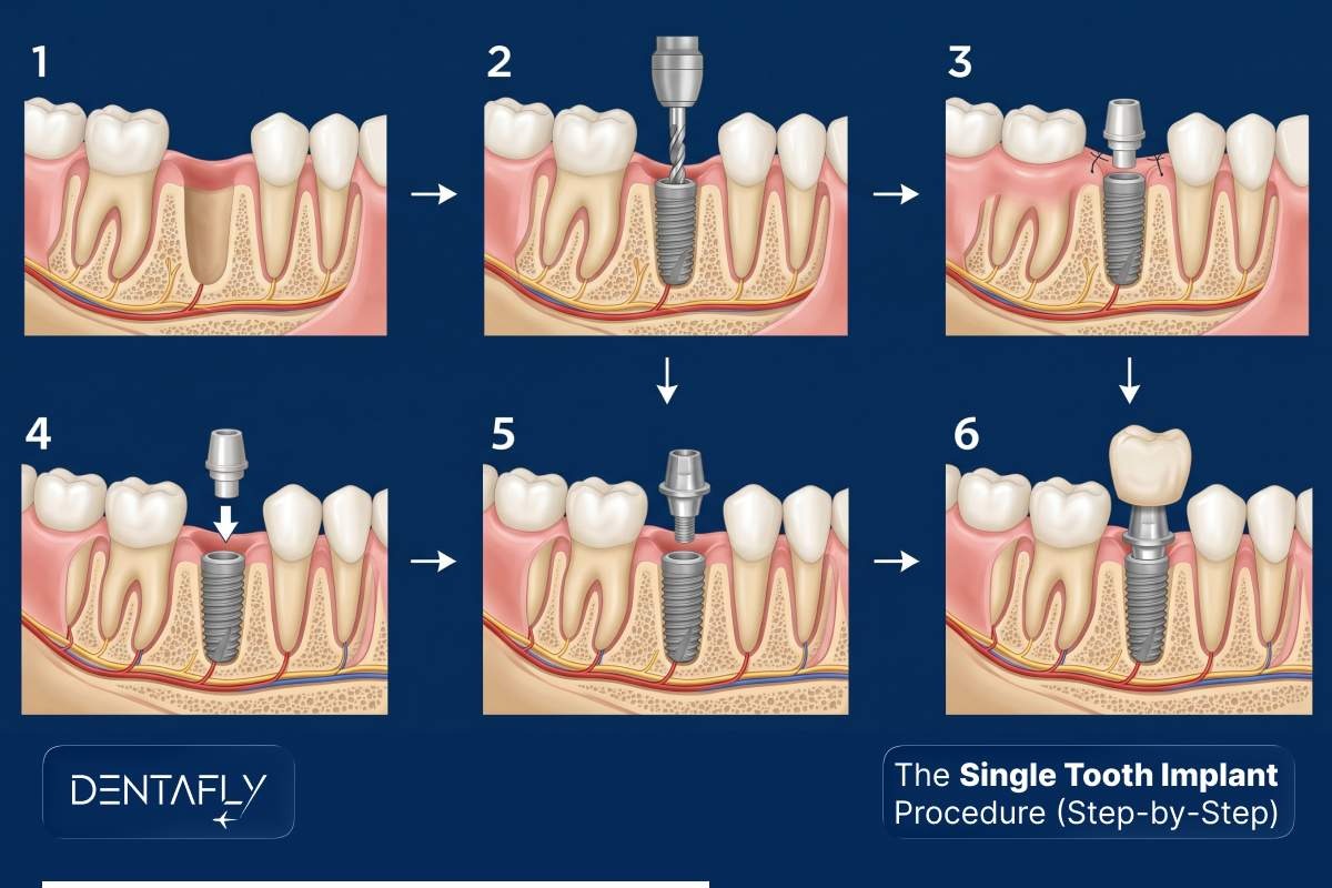 Happy UK patient at Dentafly clinic showing successful single tooth implant restoration result
