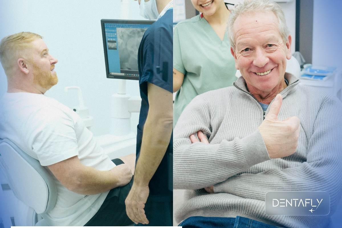 American patients at Dentafly Antalya consulting with dentist and giving thumbs up after successful implant treatment