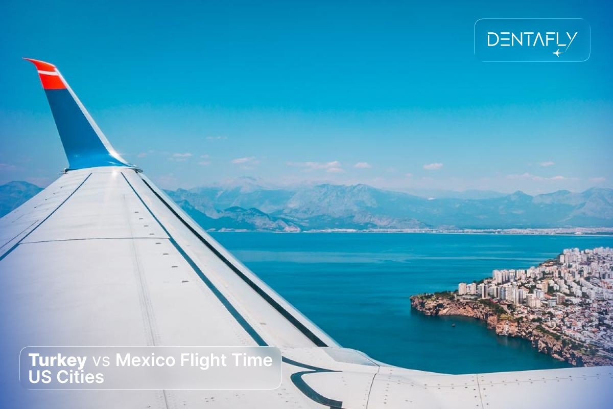 Turkey vs Mexico flight time from US cities aerial view of Antalya Mediterranean coast from airplane
