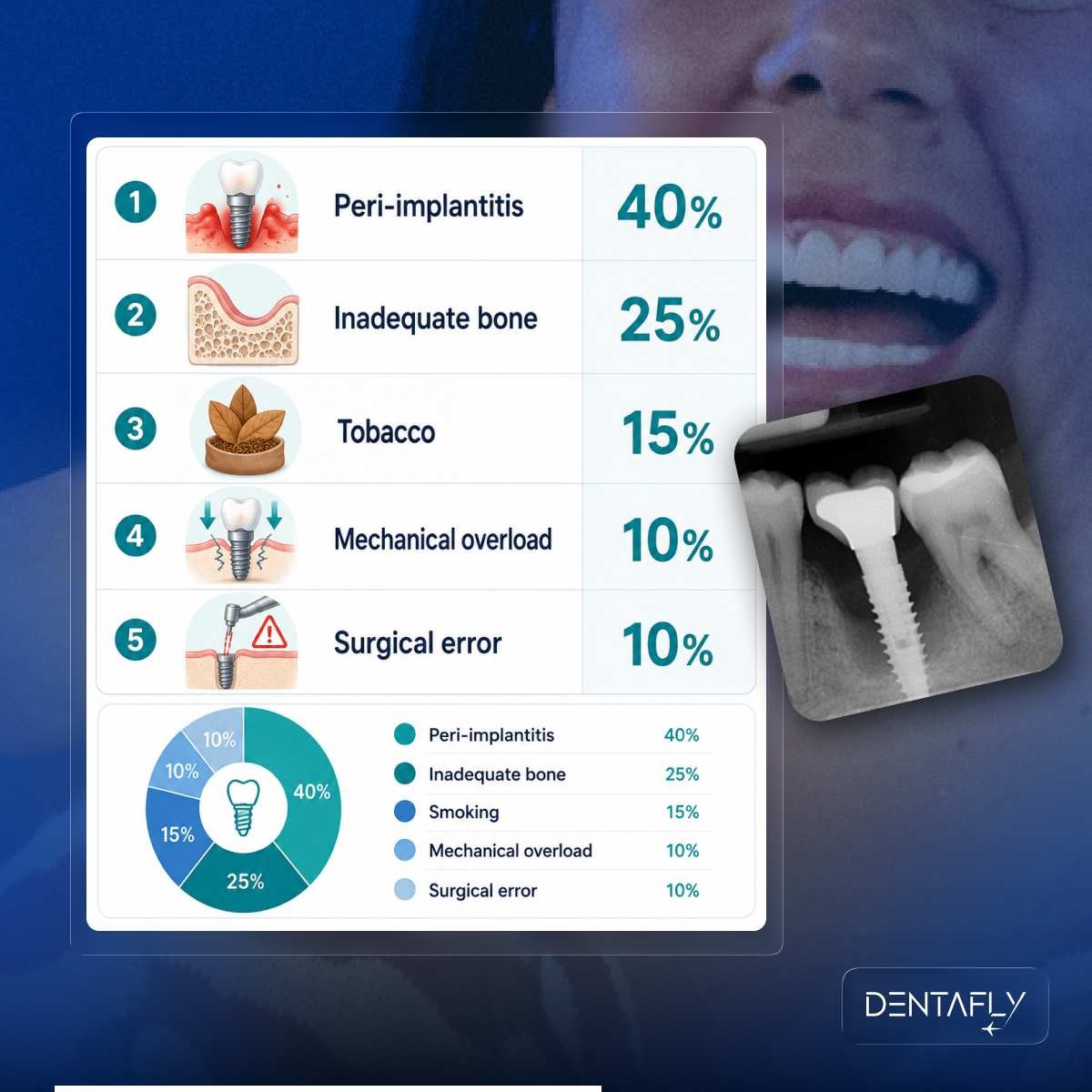Why dental implants fail causes infographic peri-implantitis osseointegration failure mechanical breakdown