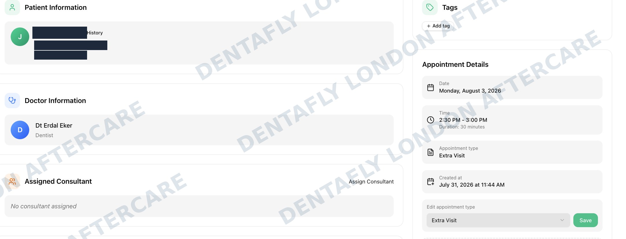 London Aftercare Appointment Record DentaFly London aftercare appointment record with dentist Erdal Eker, patient details redacted