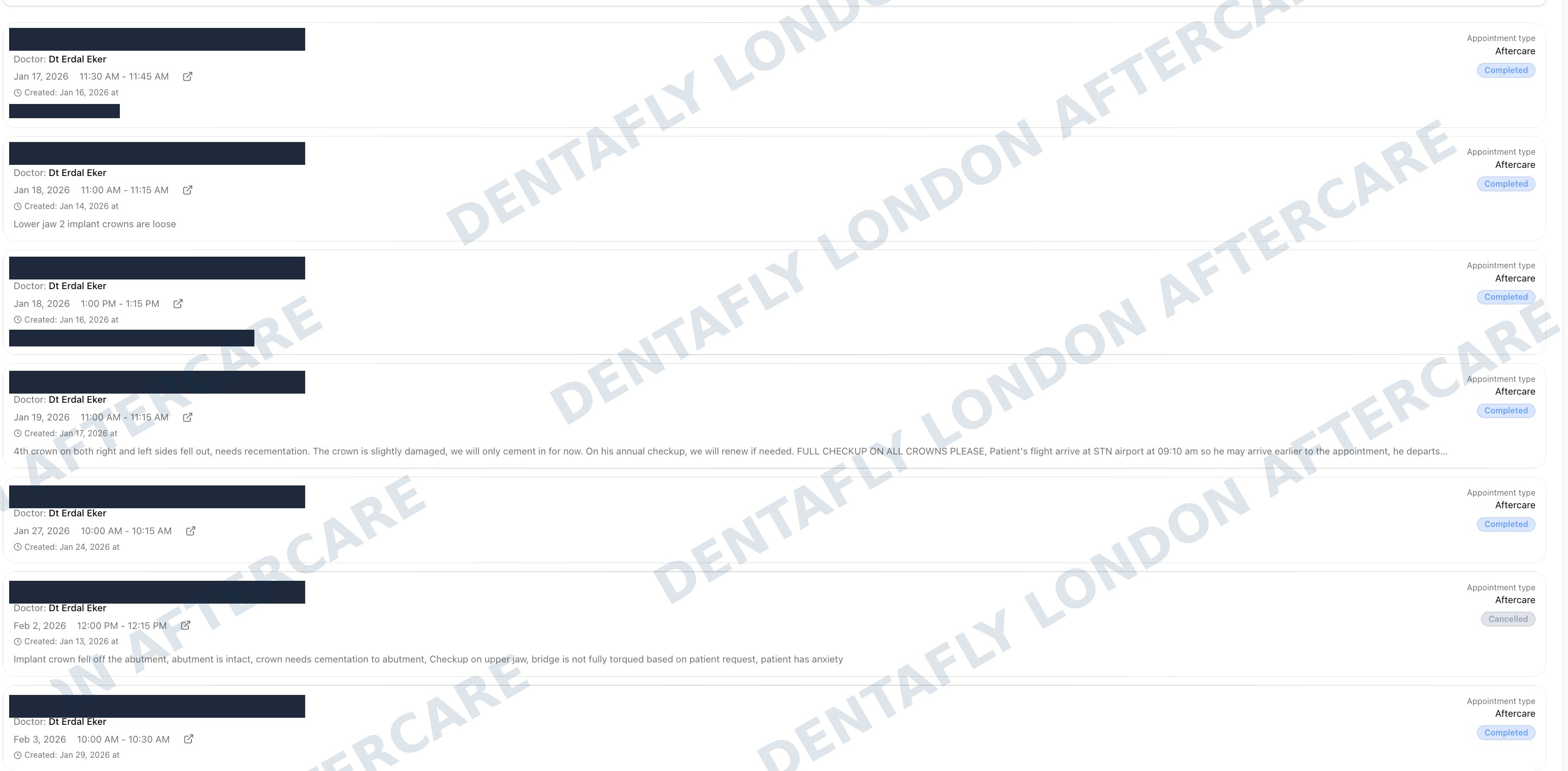 Turkey Teeth Aftercare at DentaFly London NW9 Turkey teeth aftercare appointments completed at DentaFly London clinic NW9, patient names redacted